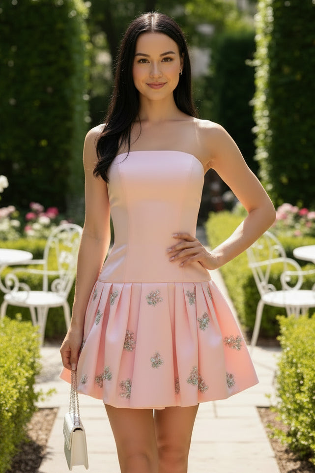 Strapless Satin Pleated Mini Dress with Crystal Accents