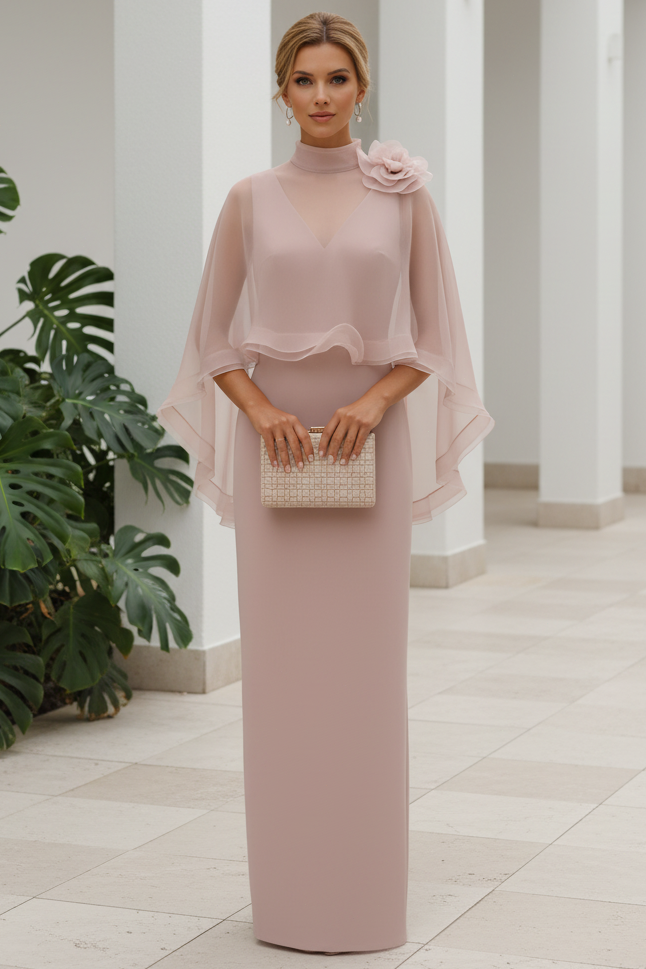 High-Neck Column Maxi Dress with Sheer Cape