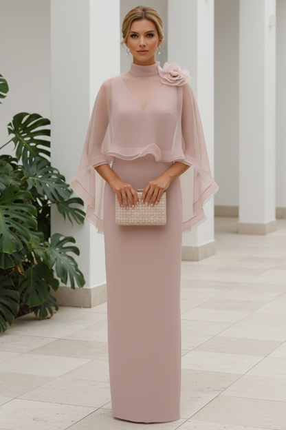 High-Neck Column Maxi Dress with Sheer Cape