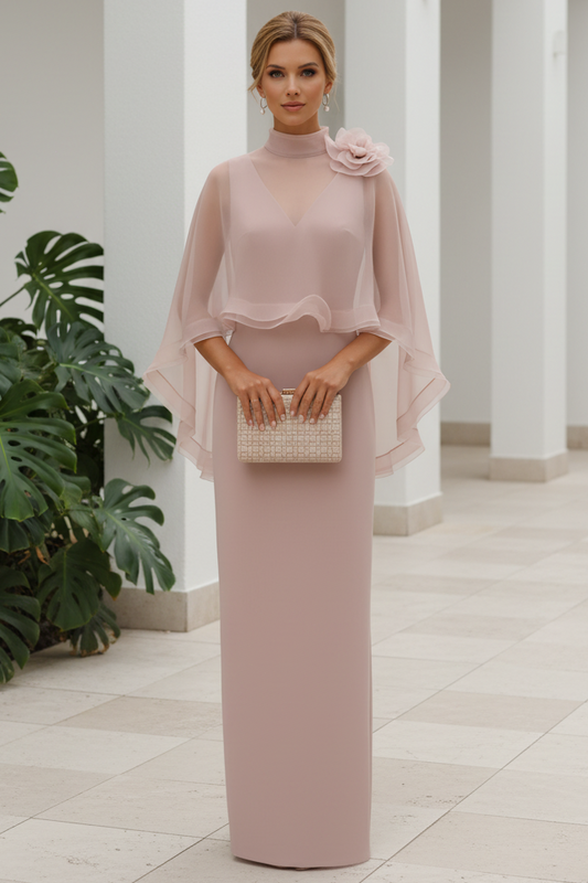 High-Neck Column Maxi Dress with Sheer Cape