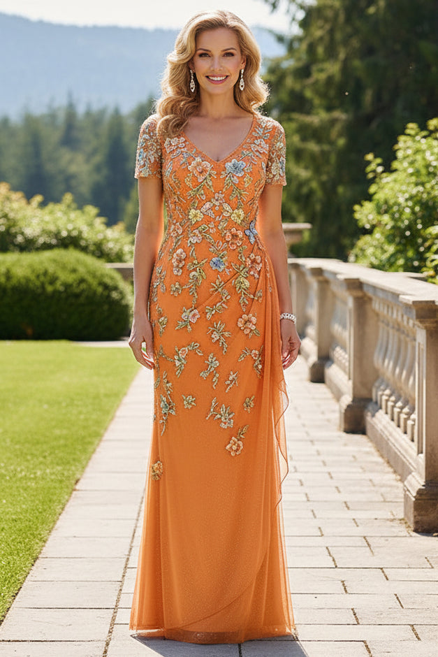 Embroidered V-Neck Short Sleeve Evening Gown