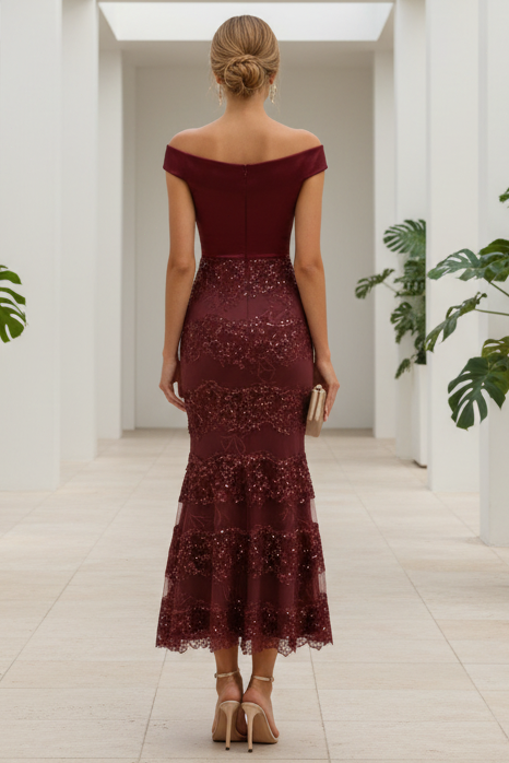 Off-the-Shoulder Lace & Satin Trumpet Midi Dress