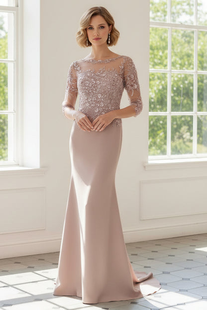 Illusion Boat Neck Crepe Gown with 3/4 Sleeves