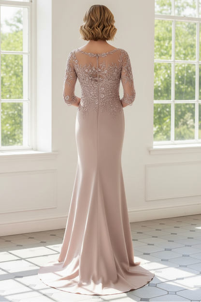 Illusion Boat Neck Crepe Gown with 3/4 Sleeves