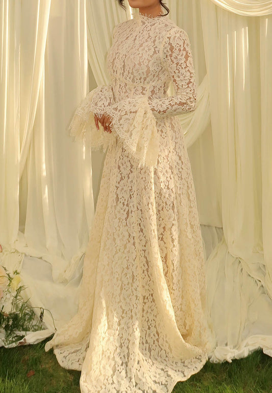 Lace High Neck Bell Sleeve Wedding Dress