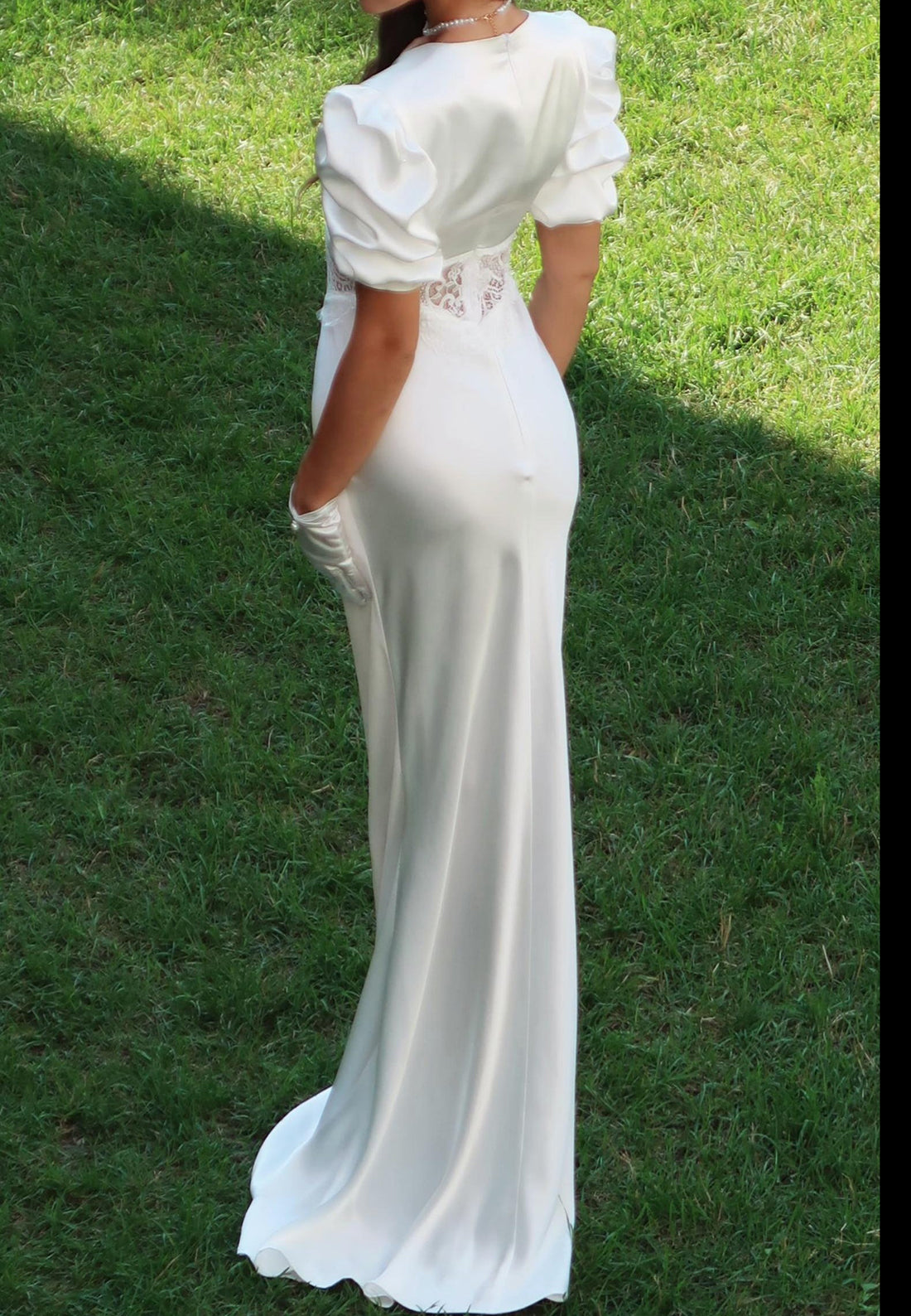 Puff Sleeve Satin Wedding Dress with Lace Midriff