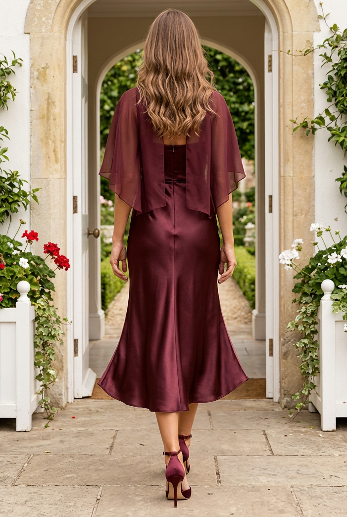 Midi Satin Slip Dress with Sheer Capelet