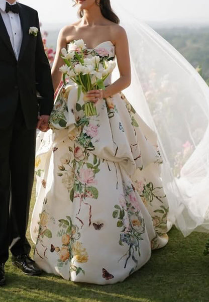 Floral Strapless Ball Gown with Draped Skirt