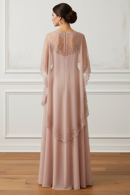 Chiffon A-Line Gown with Lace Cape Sleeves