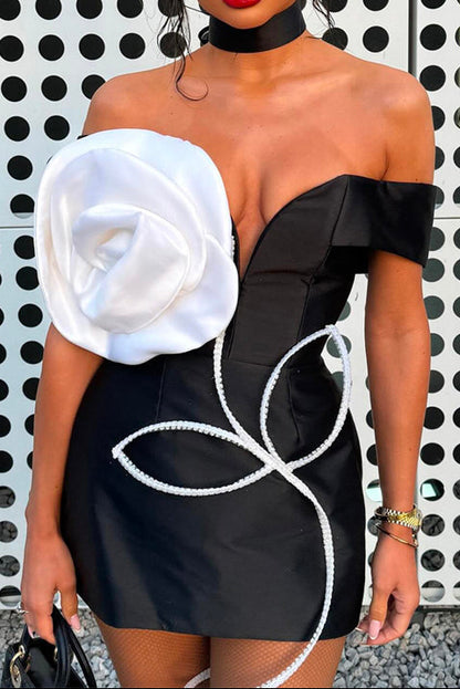 Off-the-Shoulder Floral Appliqué Mini Dress