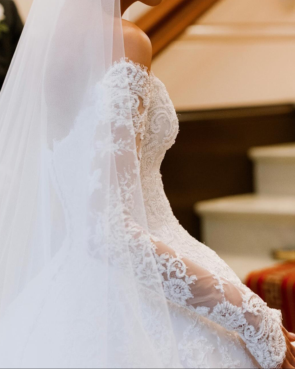 Off-the-Shoulder Lace Ball Gown Wedding Dress