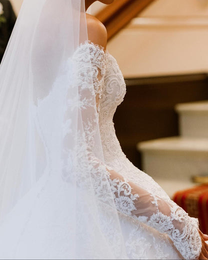 Off-the-Shoulder Lace Ball Gown Wedding Dress