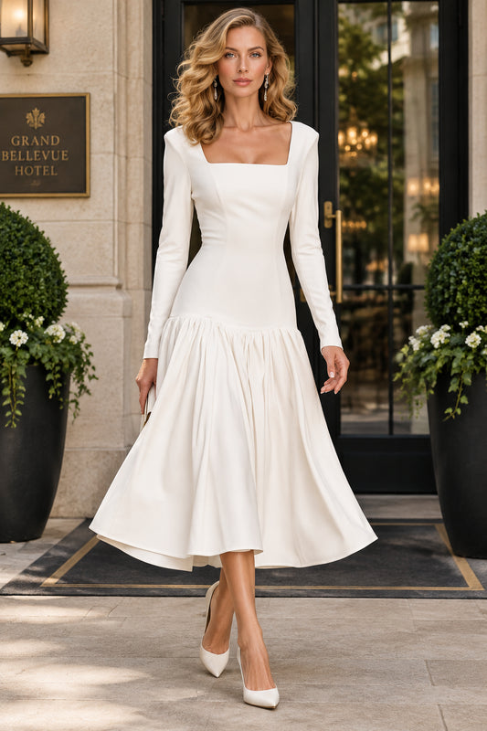 Square Neck Drop Waist Midi Dress with Long Sleeves