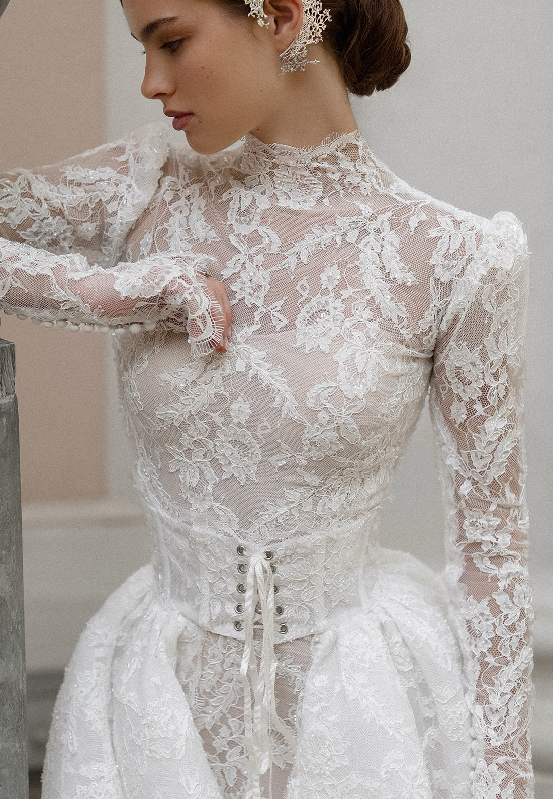 High-Neck Lace Long-Sleeve Wedding Dress