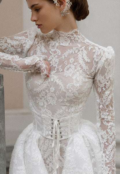 High-Neck Lace Long-Sleeve Wedding Dress