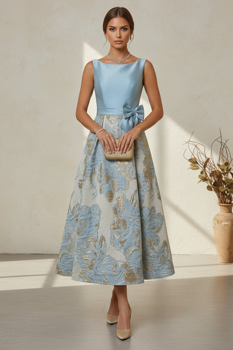 Bateau Neck Jacquard Midi A-Line Dress with Bow