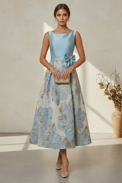 Bateau Neck Jacquard Midi A-Line Dress with Bow