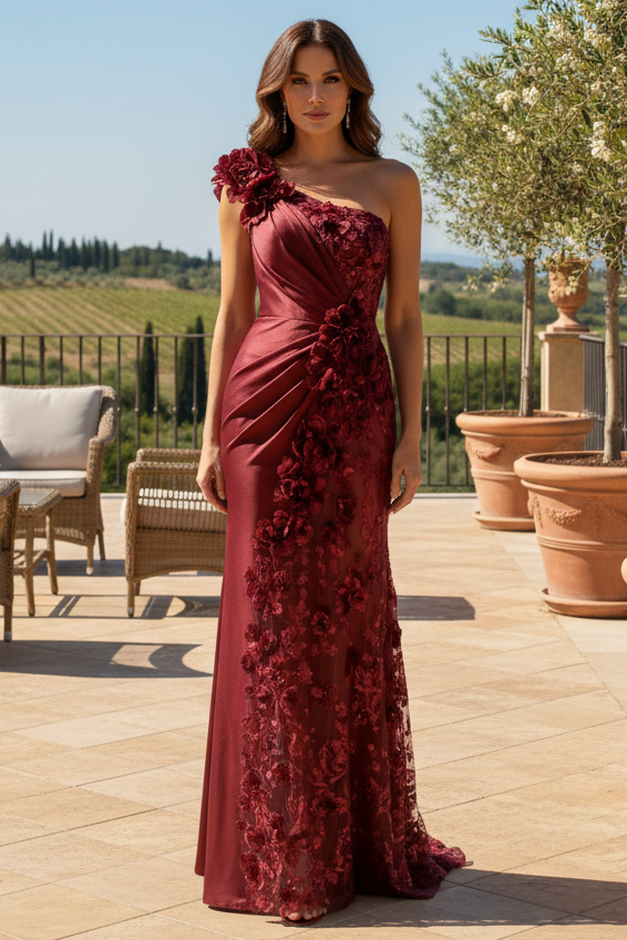 One-Shoulder Floral Appliqué Gown with Slit