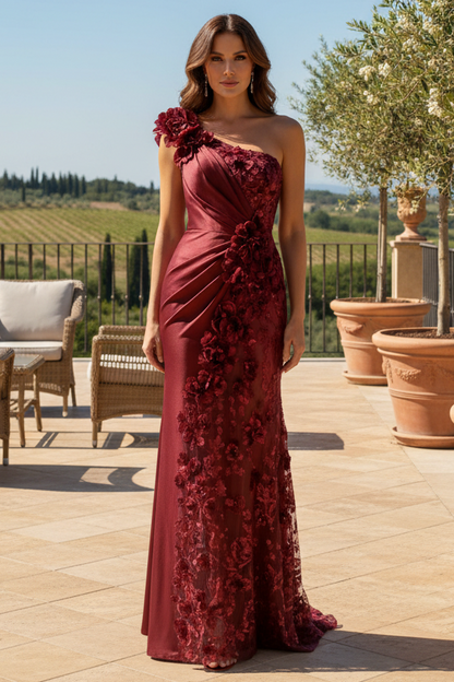 One-Shoulder Floral Appliqué Gown with Slit