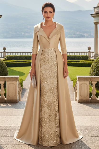 Collared Satin Evening Gown with Sequin Skirt