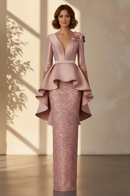 Floral Shoulder Peplum Lace Evening Gown