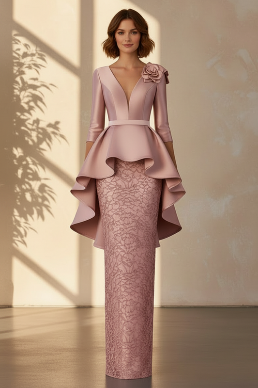 Floral Shoulder Peplum Lace Evening Gown