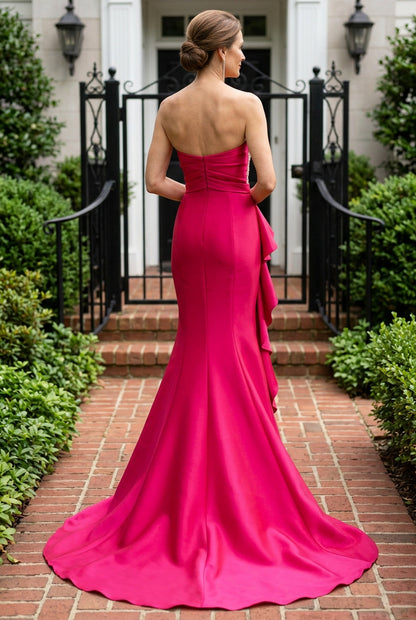 Strapless Asymmetric Gown with Beaded Bust & Ruffle