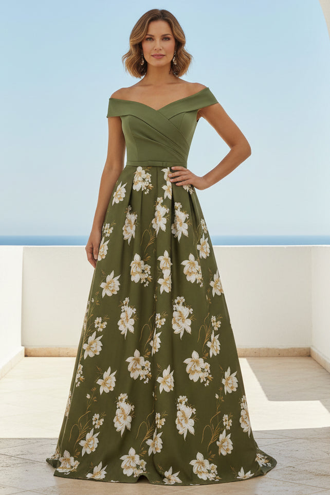 Off-the-Shoulder Floral Print A-Line Evening Gown