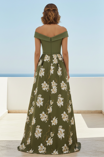 Off-the-Shoulder Floral Print A-Line Evening Gown
