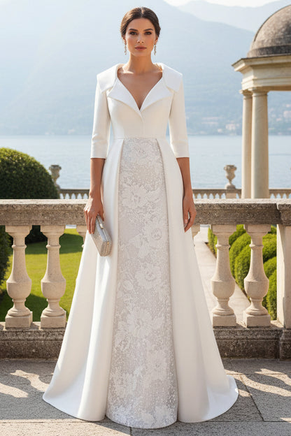 Collared Satin Evening Gown with Sequin Skirt