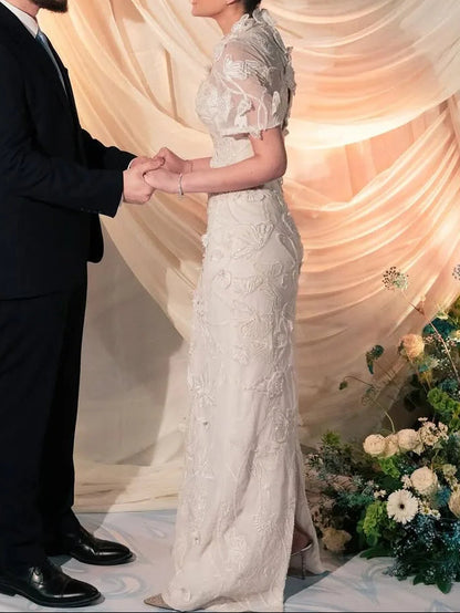 High Neck Sheath Dress with Short Sleeves
