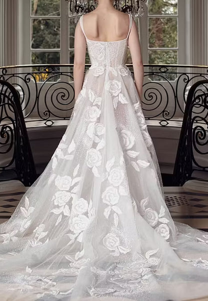 Square Neck Floral Applique Bridal Gown with Train