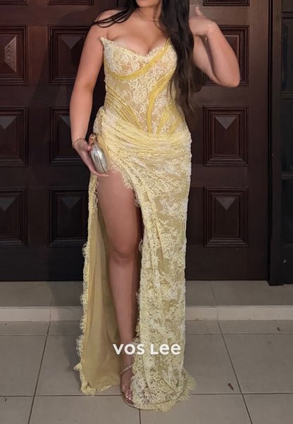 Lace Corset Evening Gown with High Slit