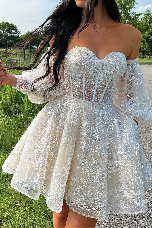 Off Shoulder Puff Sleeve Sequin Lace Mini Dress
