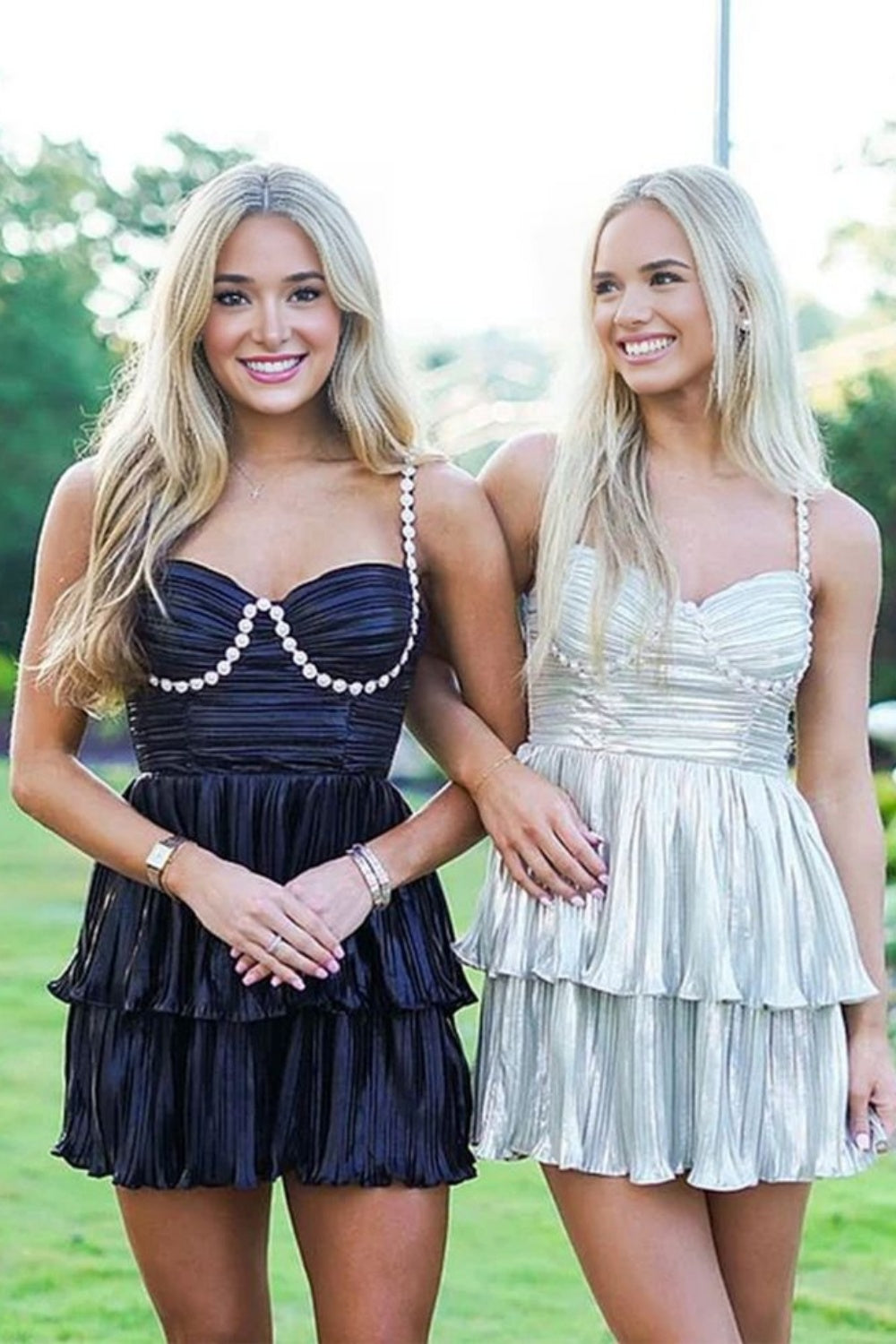 Metallic Tiered Pleated Mini Dress