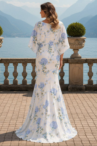 Floral Print Bateau Neck Flutter Sleeve Mermaid Gown