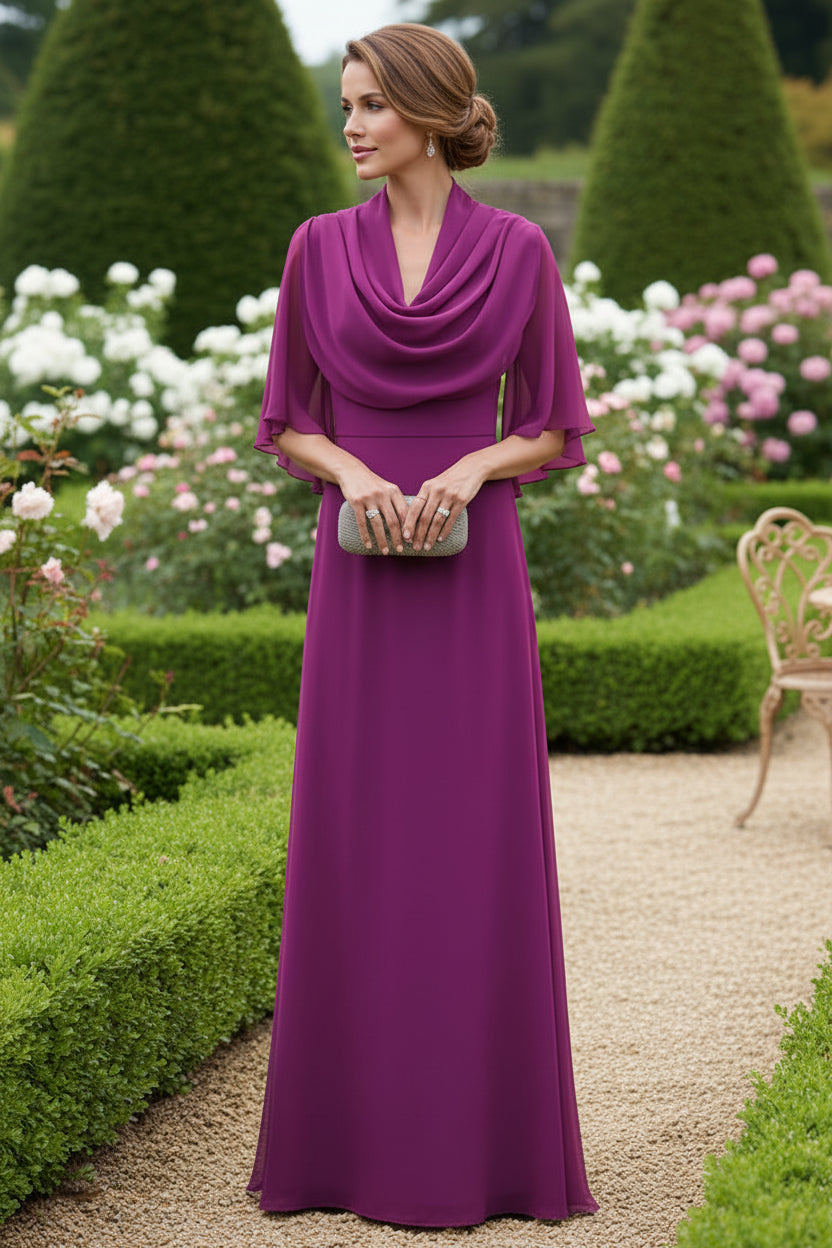 Cowl Neck Chiffon Evening Gown with Flutter Sleeves