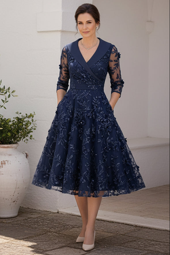 3D Floral Tea-Length A-Line Dress with Pockets