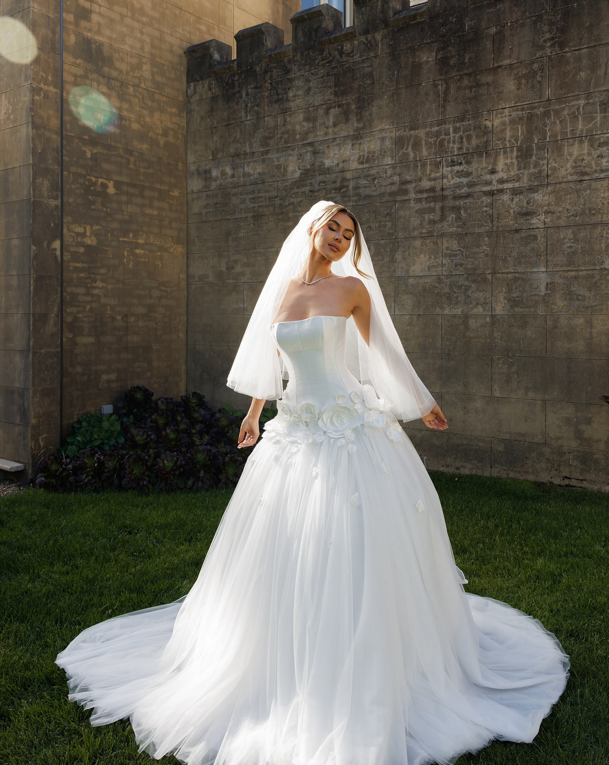 Strapless Corset Ball Gown Wedding Dress with 3D Flowers