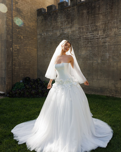 Strapless Corset Ball Gown Wedding Dress with 3D Flowers