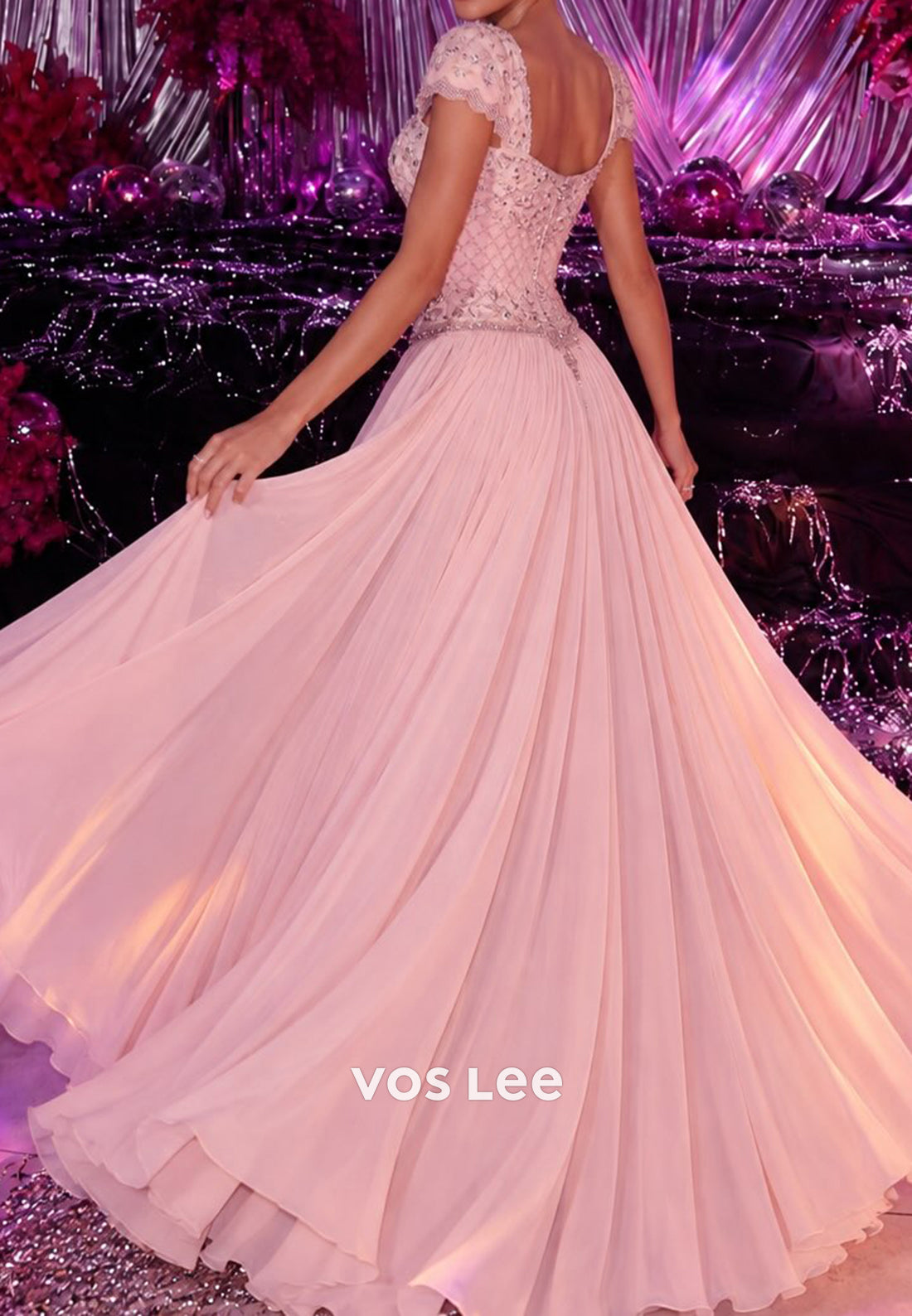 Beaded Bodice Cap Sleeve A-Line Gown