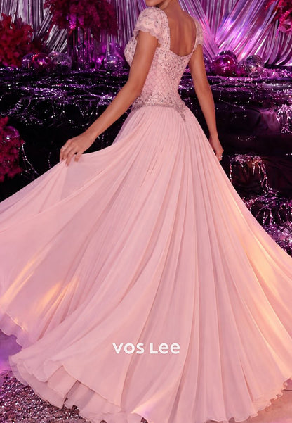 Beaded Bodice Cap Sleeve A-Line Gown