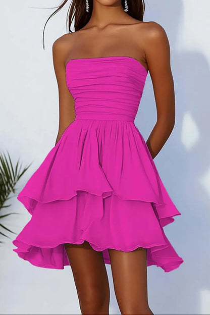 Strapless Ruched Tiered Ruffle Mini Dress