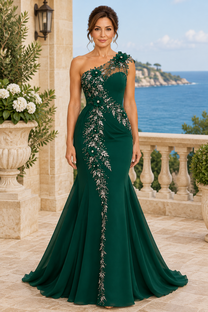 One-Shoulder Floral Appliqué Gown with Overskirt