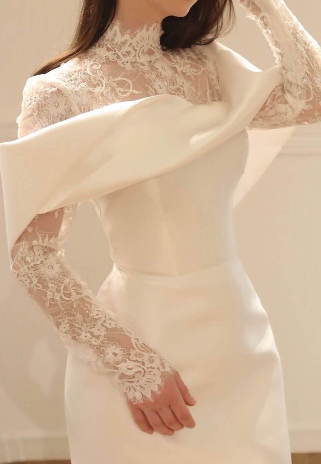 High Neck Lace and Satin Mermaid Wedding Dress