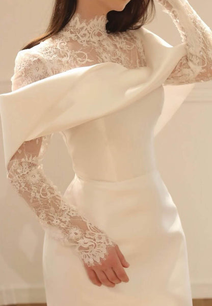 High Neck Lace and Satin Mermaid Wedding Dress