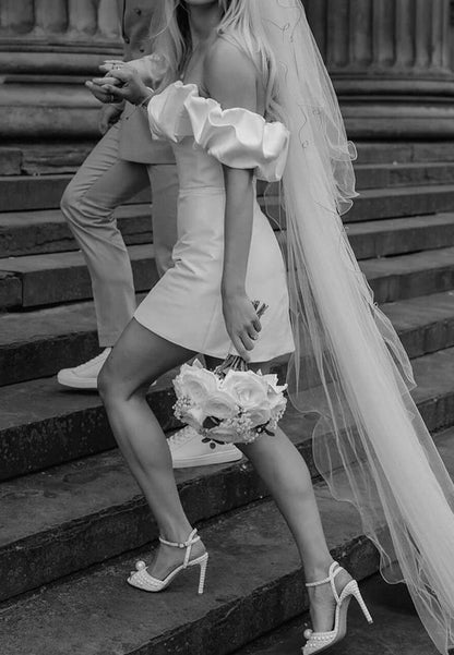 Off-the-Shoulder Satin Mini Wedding Dress