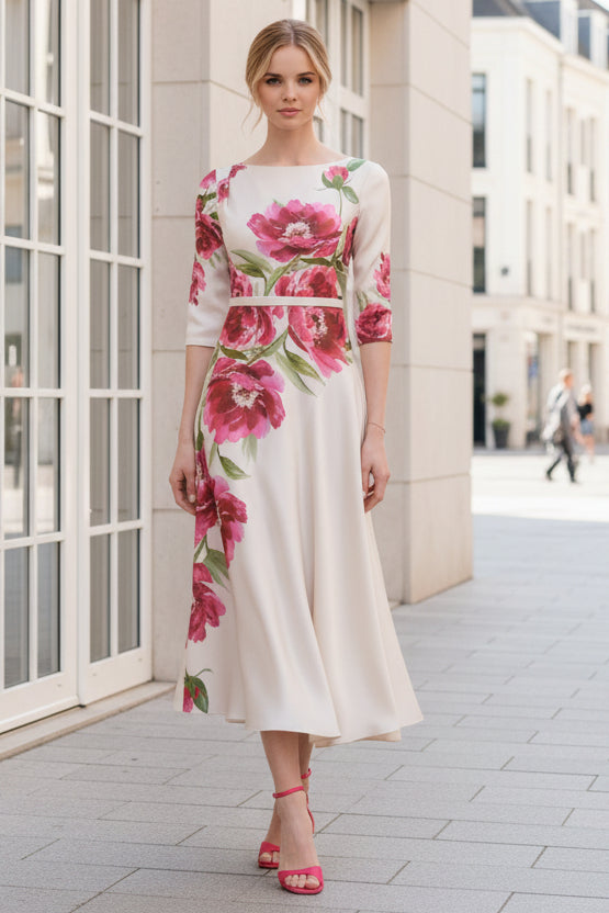 Bateau Neck Satin Midi Dress with Asymmetric Hem