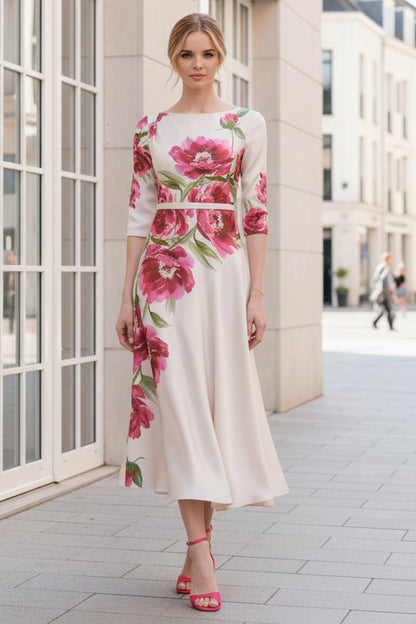 Bateau Neck Satin Midi Dress with Asymmetric Hem