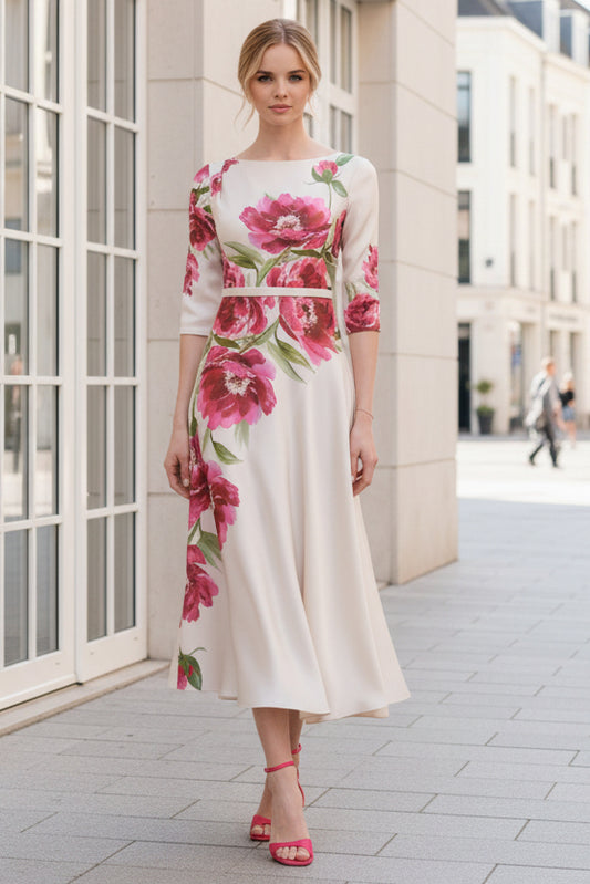 Bateau Neck Satin Midi Dress with Asymmetric Hem